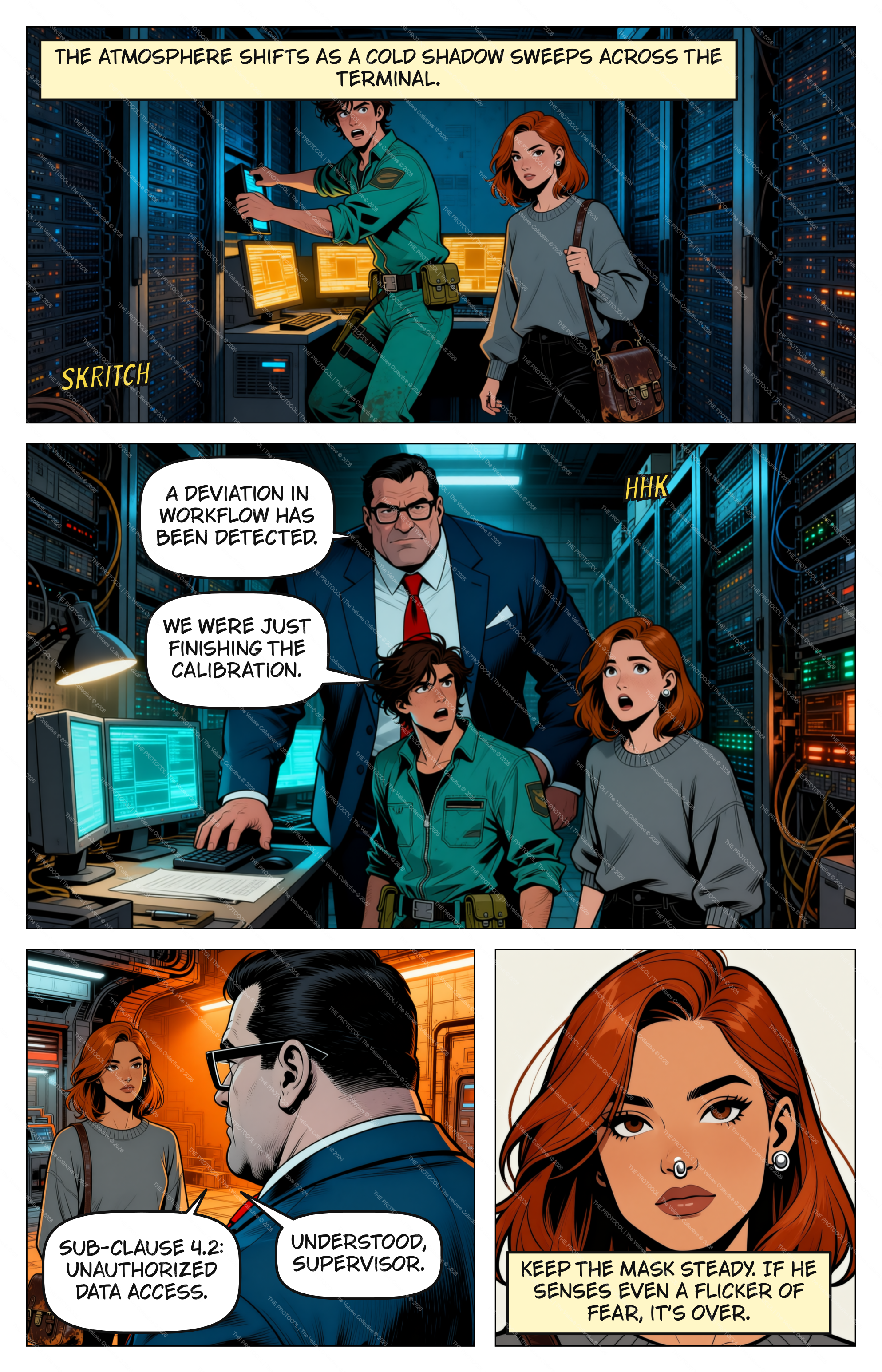 Comic page 4 — server room, deviation detected
