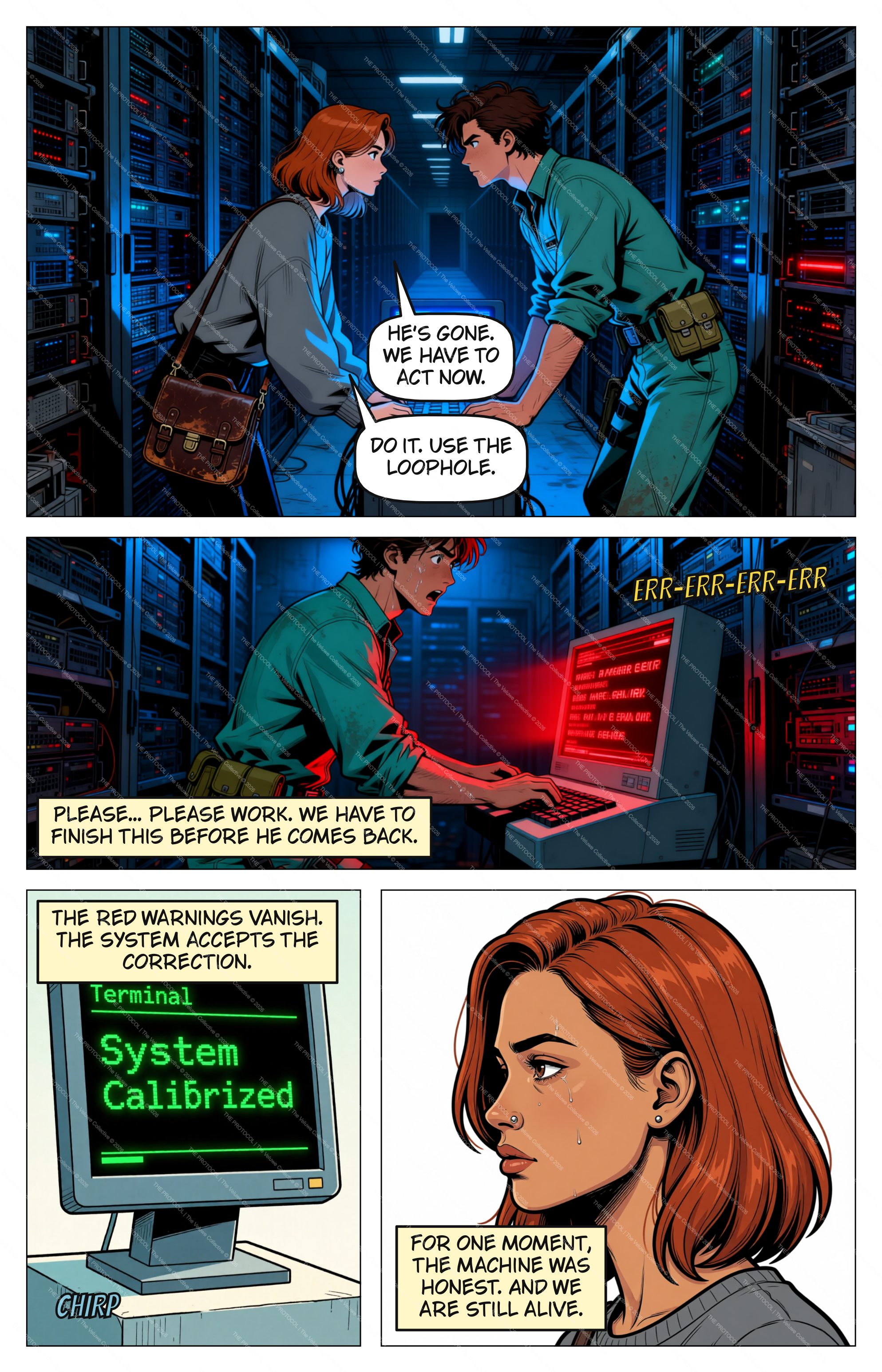 Comic page 5 — server room confrontation