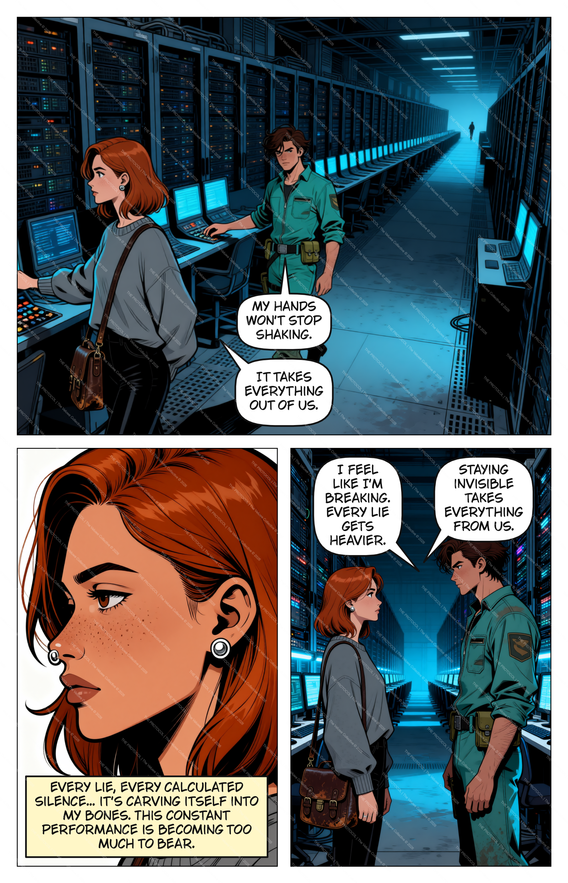 Comic page 7 — hands shaking, every lie gets heavier