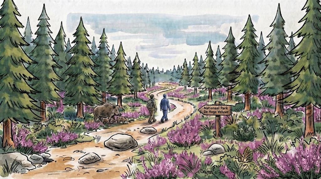 Two people walking a winding trail through Nationaal Park De Hoge Veluwe, surrounded by heather and pine trees